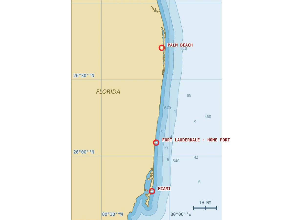 Service area chart: Palm Beach, Fort Lauderdale and Miami on the Southeast Florida coast